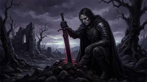 Turin\'s sword Gurthang planted point-up in the ground, Turin\'s hand upon the hilt preparing to fall upon it, the black blade somehow alive with malice, his face showing despair and determination
