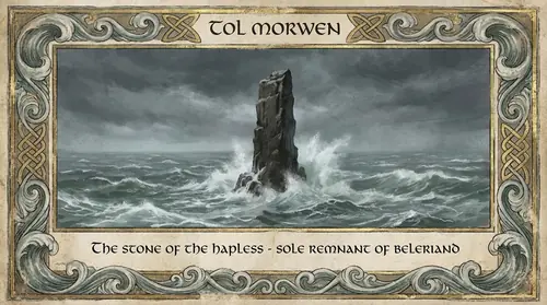The Stone of the Hapless - Tol Morwen - standing alone in the sea as the sole remnant of Beleriand after the War of Wrath, waves crashing against it, a monument to Turin and Nienor\'s tragedy that…