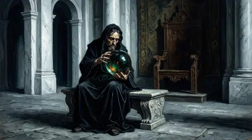 Denethor in the throne room of Minas Tirith, hunched over the palantir, its dark surface reflecting Sauron\'s burning Eye. The Steward\'s face is gaunt, illuminated from below by the stone\'s sickly…