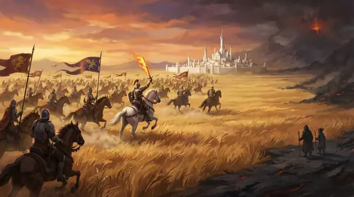 A battlefield panorama: Aragorn leading a charge with Anduril blazing, Theoden\'s Rohirrim thundering across the Pelennor -- epic, necessary, glorious. But at the edges of the frame, nearly invisible…