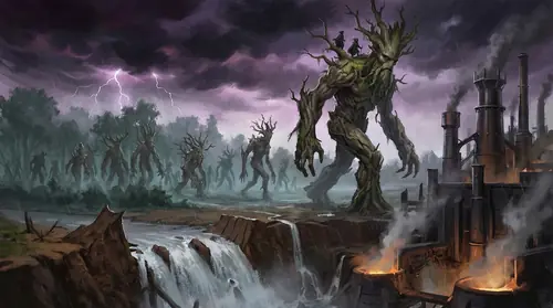 The Ents marching on Isengard -- ancient tree-beings striding through forest and field, their massive forms silhouetted against a stormy sky. Treebeard leads the march, Merry and Pippin riding on his…