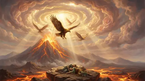 The Eagles descending through clearing skies over Mount Doom to rescue Frodo and Sam. The clouds part in concentric rings, golden light pouring through, the volcanic destruction below transforming…