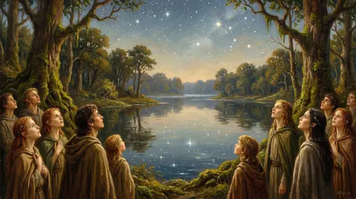 The awakening of the Elves at the waters of Cuivienen in Middle-earth. The Firstborn opening their eyes for the first time under Varda\'s stars, their faces filled with wonder. The lake reflects the…