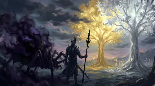 Melkor and Ungoliant approaching the Two Trees during the great festival when all of Valinor is distracted. Melkor bears his black spear, while Ungoliant has woven a cloud of Unlight around them that…