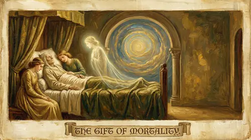 A mortal Man on his deathbed, surrounded by family, passing peacefully into the unknown. His spirit is shown beginning to depart not just the body but the world itself, moving beyond the circles of…
