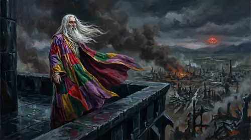 Saruman of Many Colors standing high on the parapet of Orthanc, his patchwork robe blowing in a hot wind, looking out across his ruined industrial Isengard with an expression that is no longer pride…