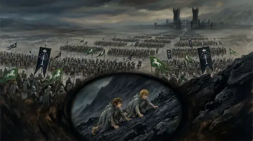 Two compositional layers in one frame: in the upper two-thirds, a sweeping aerial view of the captains\' army - banners of Gondor (White Tree, seven stars, crown on black) and Rohan (white horse on…