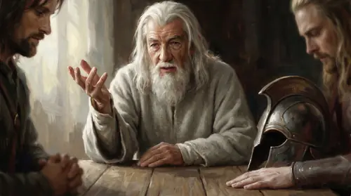 A reverent close shot of Gandalf the White at the council table, mid-speech, one hand lifted in slow gesture. The captains around him are seen in soft focus, listening with bowed heads - Aragorn\'s…