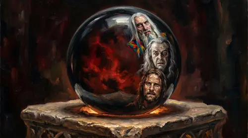 A close-up still life of a single palantir - a perfect black-glass sphere on a stone pedestal, internally lit with a swirling red mist. Reflected dimly in its dark surface, three faces stack: Saruman…