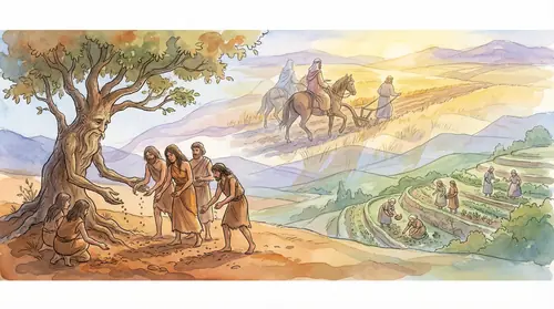 Time-lapse style composition showing the Entwives\' legacy across ages. In the foreground, an Entwife teaches humans in ancient times. Behind her, fields expand across Middle-earth through ghostly…