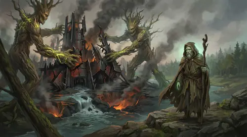 The destruction of Isengard - Ents tearing down Saruman\'s tower, water flooding the pits, victory achieved. But Treebeard stands apart from the triumph, his gaze distant. They have saved the trees…