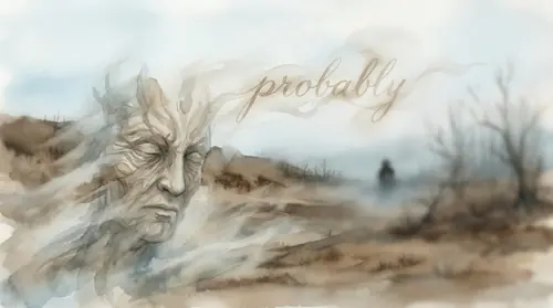 An Entwife\'s face fading into mist - not quite gone, not quite present. The word "probably" hangs in the air, that crucial sliver of uncertainty that Tolkien preserved. Behind her, the Brown Lands…