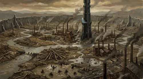 Wide aerial view of Isengard transformed into a factory. The ancient circular wall of the Ring of Isengard intact, but inside, the green has been stripped away: smoking pits, dammed and fouled…