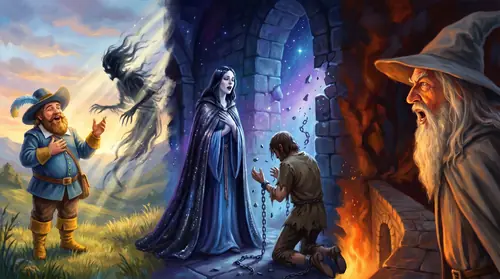 Triptych of true-speech moments. Left: Tom Bombadil at the Barrow-downs, face turned to a barrow-wight that dissolves in beams of morning sun, his mouth open in song. Center: Luthien, dark-haired…