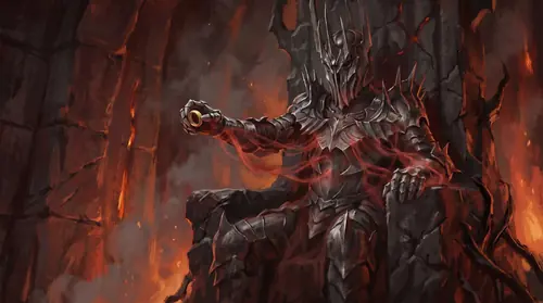 Sauron in the dark armored lord form of the Second Age, seated on a black throne in Barad-dur, holding the One Ring out before him. His armored body, depicted as towering and powerful, is partly…