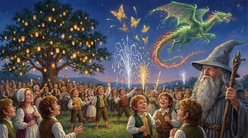 Bilbo\'s birthday party at Bag End. A summer evening, the Party Tree strung with lanterns, a great crowd of hobbits gathered on the lawn looking up. Above, Gandalf\'s fireworks burst in elaborate…