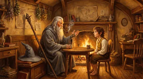 Gandalf the Grey seated across a small wooden table from Frodo at Bag End, pipe smoke curling between them, the firelight warm on his weathered face with bushy grey brows and long grey beard beneath…