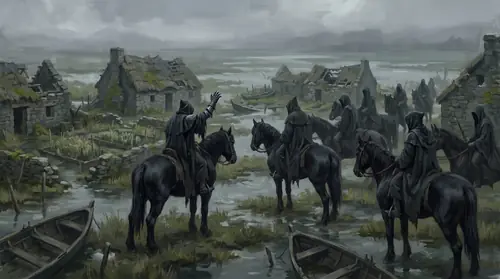 Version A — the Nazgûl arriving at empty, deserted Stoor villages at the Gladden Fields. Long-abandoned stone cottages with collapsed roofs, overgrown garden plots reclaimed by the reed marsh…