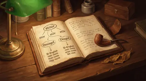 An open scholarly notebook in Tolkien\'s hand — columns of etymology showing the word "stoor" beside Old English and Old Norse cognates, the Rohirric lineage branching alongside. The names "Sméagol"…