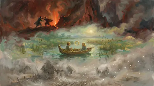 A symbolic painterly composition — at the edge of the Cracks of Doom, tiny against towering fire and dark rock, two small hobbit figures grapple over something gold. Far beneath them, in an echoing…