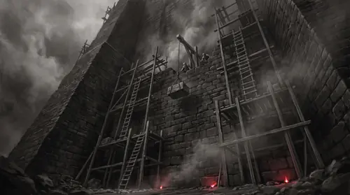 The first courses of Barad-dûr going up out of a black quarry-pit — the section\'s scale peak. An immense unfinished stump of masonry fills the left of the frame with raw scaffolding crawling up its…