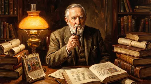 Portrait of Tolkien at his Oxford desk surrounded by ancient manuscripts, medieval calendars, and theological texts. Half-light from a desk lamp, books piled around him. His knowing expression…