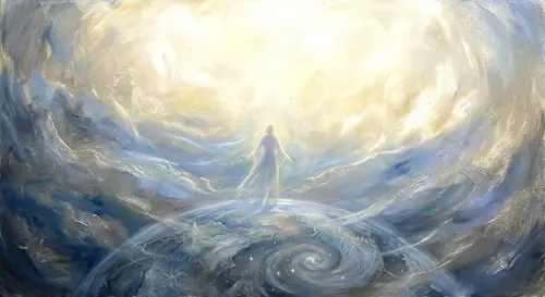 Abstract divine scene: Gandalf\'s spirit ascending beyond the circles of the world, beyond stars and sky into pure light. The presence of Eru Ilúvatar suggested by overwhelming radiance but never…