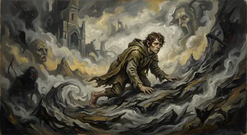 Frodo on the slopes of Mordor, bent nearly double under the invisible weight of the Ring, face gaunt and haunted. The landscape around him warps and shifts— hallucination made visual. Wraith-shadows…