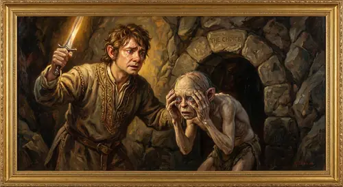 Bilbo\'s moment of mercy: his sword raised above the cowering Gollum in the goblin caves, but his face transforming from anger to profound pity. He sees Gollum\'s misery through Gollum\'s own eyes—a…