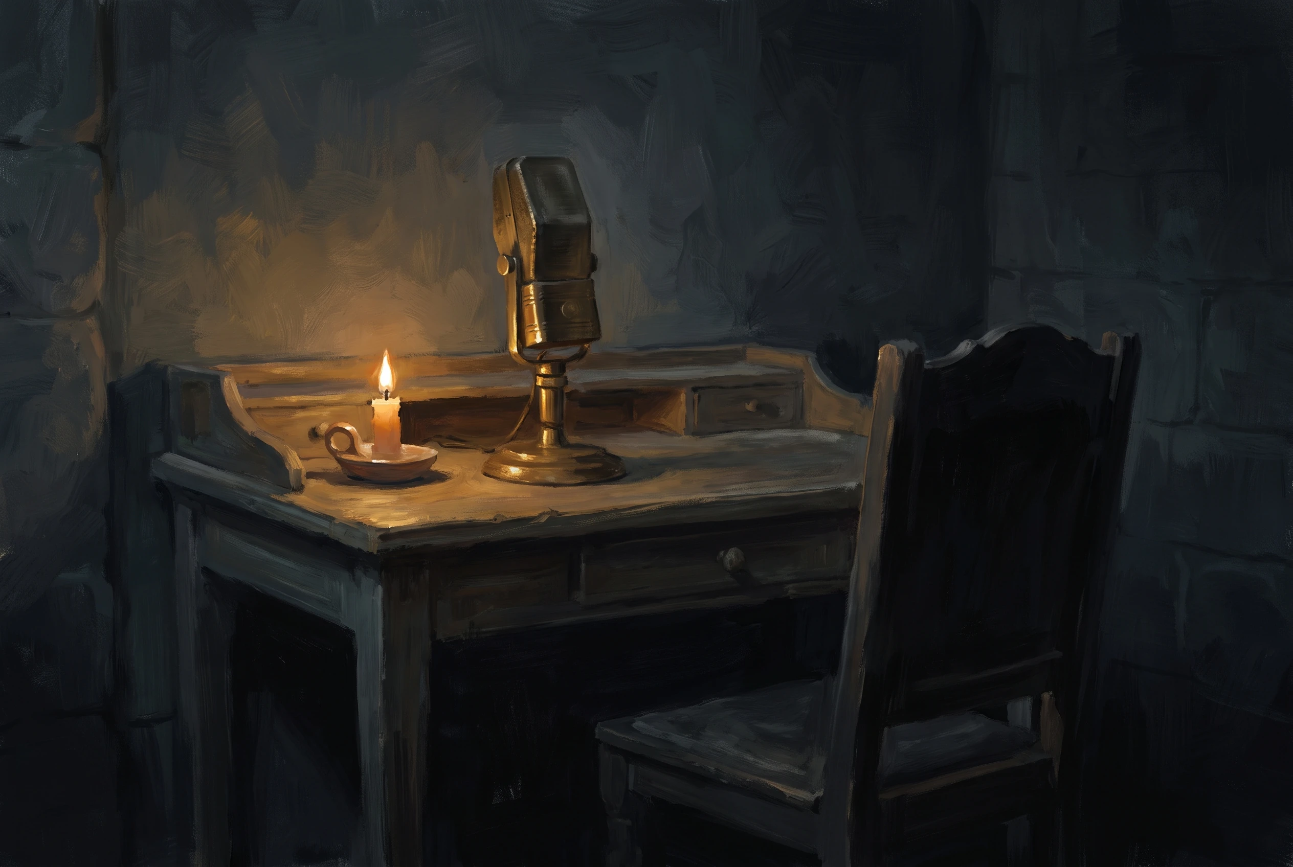The setup for the goodbye. The microphone is mine. The chair is his. I light the candle, and then I step out of the frame.