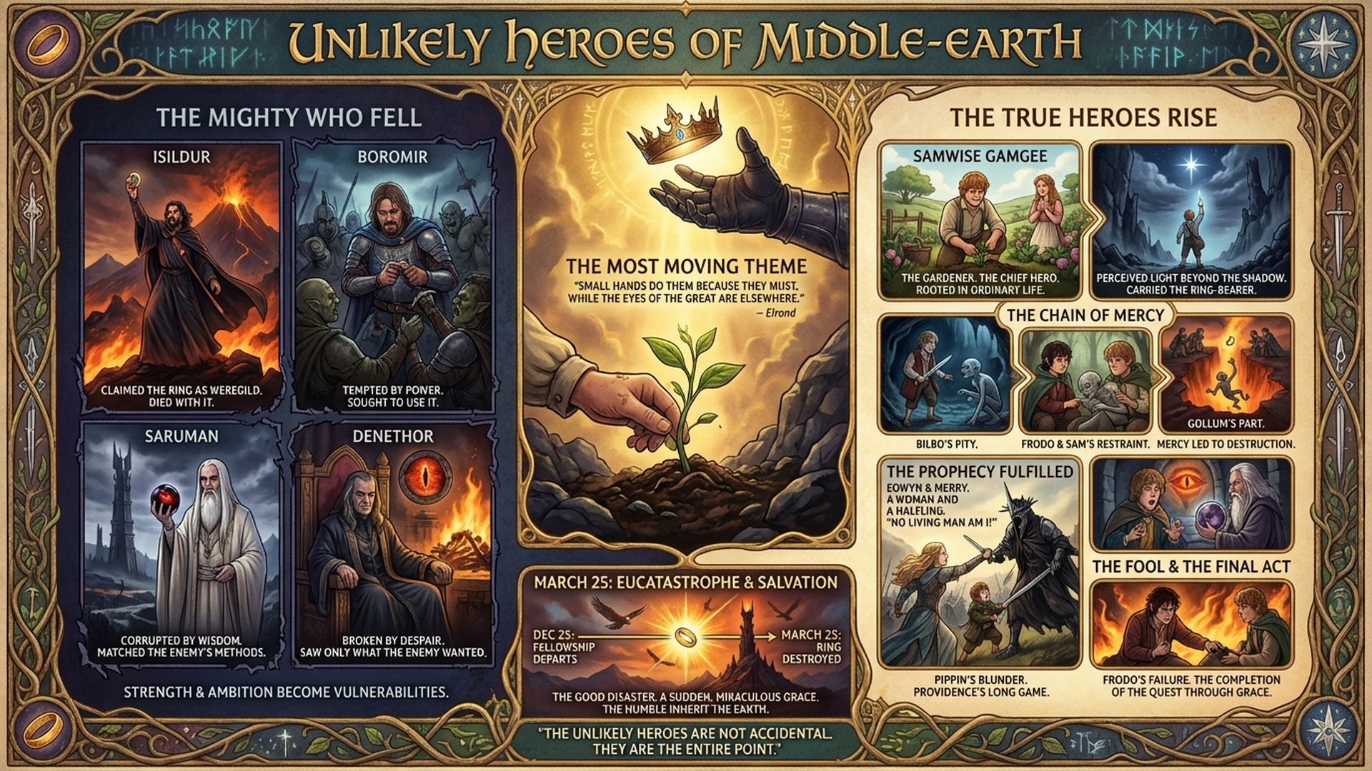 Unlikely Heroes: Why the Powerless Saved Middle-earth | Tolkien Reading Day 2026 Infographic