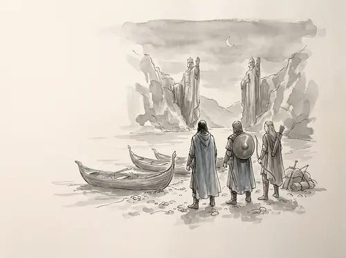 Aragorn steers the boats between the Argonath and camps the Company at Parth Galen beneath Amon Hen.