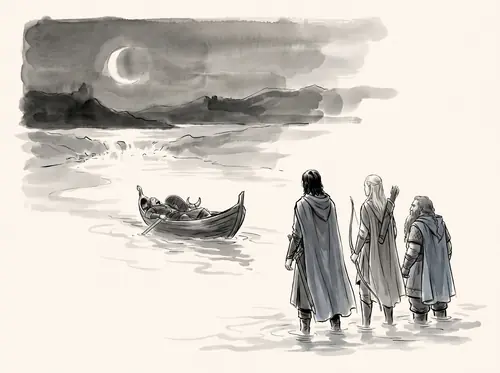 Boromir falls defending the hobbits; Aragorn, Legolas and Gimli send his boat over Rauros and at evening set out after the Orcs.