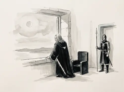 Boromir's horn is heard blowing dim on the northern marches; Denethor will reckon it thirteen days before Gandalf's coming.