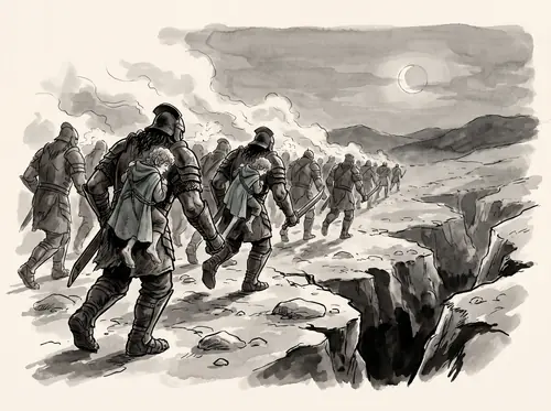 Uruk-hai of Isengard seize Merry and Pippin and carry them at a run westward over the Emyn Muil through the night.