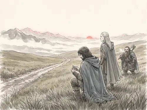 At sunrise Aragorn reaches the west-cliff; below it the Three Hunters find Pippin's brooch and run all day across the Wold.