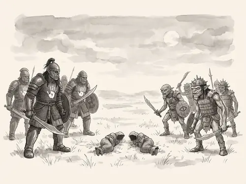 Uglúk's Uruks, Grishnákh's Mordor Orcs and the Northerners quarrel over the prisoners but run on toward Isengard.
