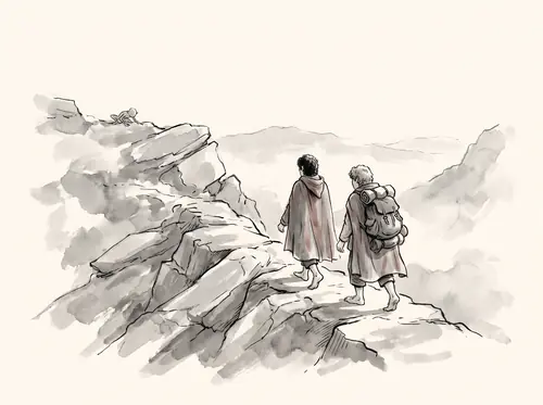 Frodo and Sam wander the barren ridges of the eastern Emyn Muil seeking a way down; Gollum trails them.