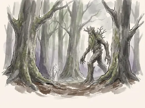 Gandalf sees Treebeard striding among the trees; neither speaks ('four days ago', counted back from 1 Mar).