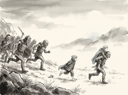 Pippin drops his elven brooch as the Orcs come down onto the plain; the hobbits are driven at a run across the Wold.