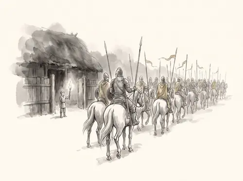 Against Théoden's orders Éomer rides out of the Eastfold about midnight with his éored to hunt the Orcs.
