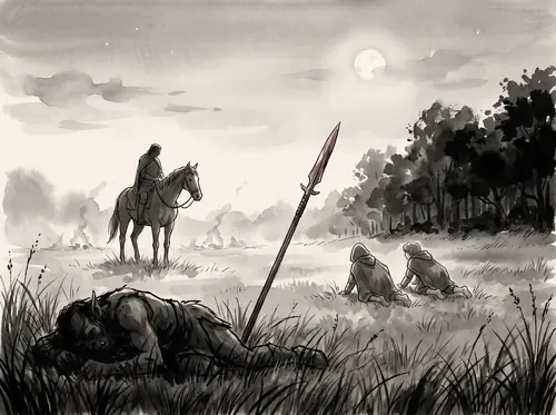 Grishnákh, seeking the Ring, creeps out of the Orc-ring with the hobbits and is killed by a Rider's spear.