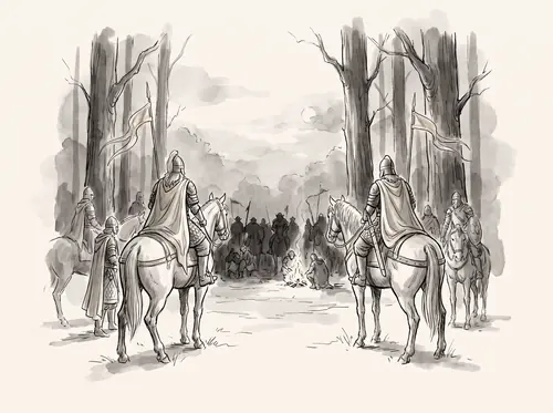 Éomer's éored overtakes the Orcs just outside Fangorn and surrounds them at nightfall.