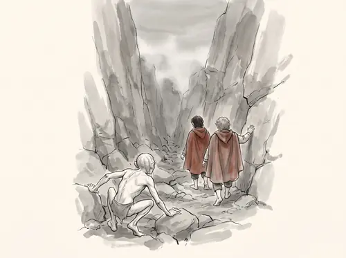 Gollum leads them by night down the gully toward the Marshes; they hide by day.
