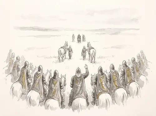 Riding home, Éomer meets Aragorn, lends him horses against the King's law, and continues to Edoras.