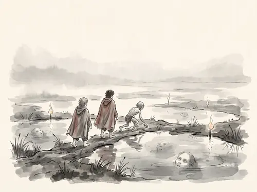Frodo begins the passage of the Dead Marshes at dawn; by night they see the corpse-candles and the faces of the dead.