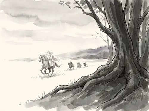 Gandalf reveals himself to the Three Hunters, tells of his return, and rides for Edoras on Shadowfax.