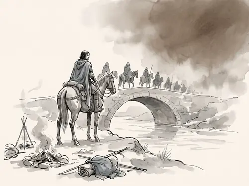 Aragorn crosses the Ringló; word of the Grey King's coming empties the land before him.