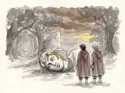 Frodo passes the Cross-roads at sunset and sees the fallen king's crowned head; from Morgul Vale he watches the Witch-king's host set forth.
