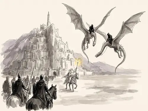 Gandalf rides out to save Faramir and his men from the Nazgûl on the Pelennor.